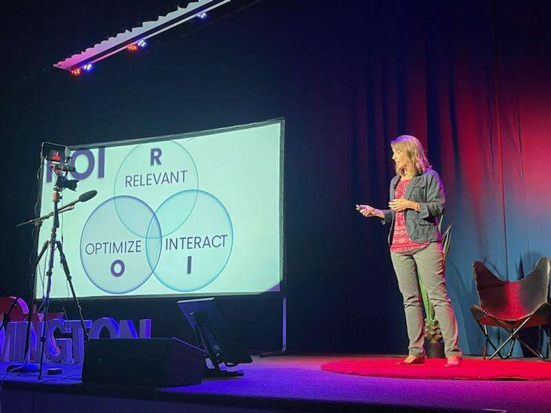 Teresa Huff presenting the ROI Framework on the TEDx Wilmington Salon stage in 2022
