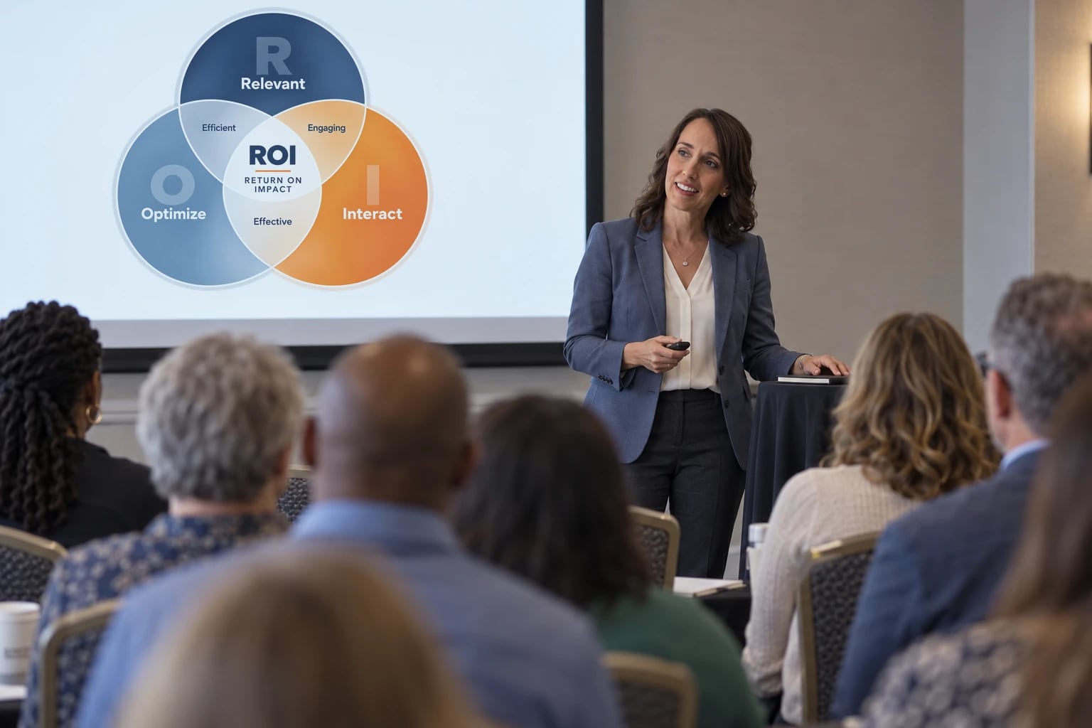 Facilitator presenting the ROI Framework™ to a room of nonprofit leaders