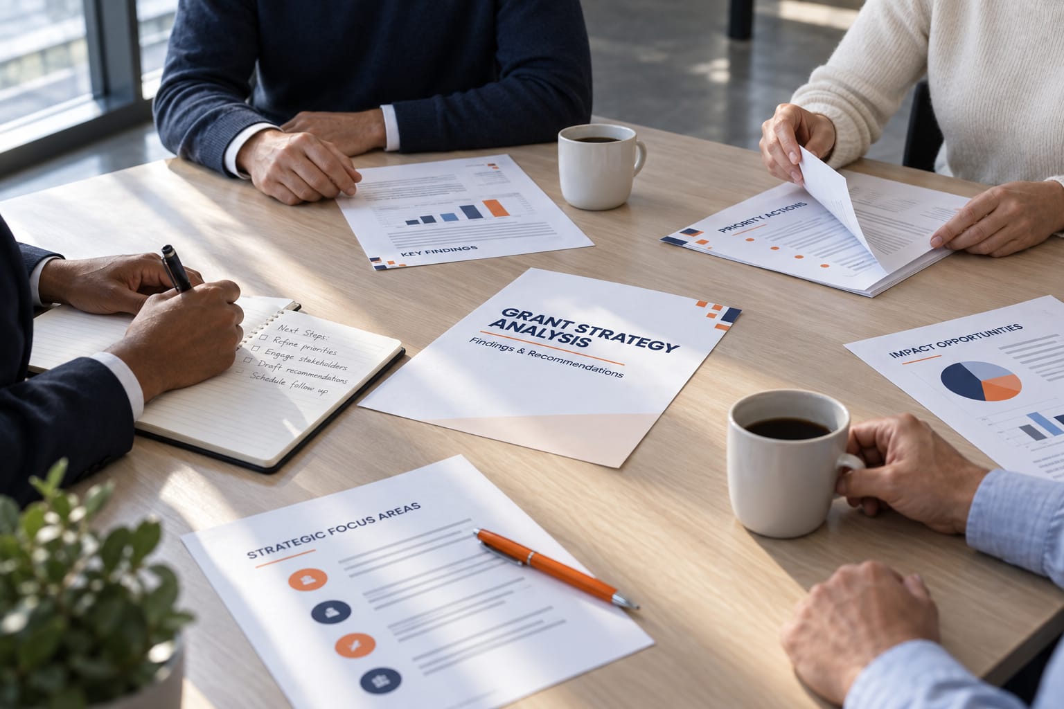 Grant strategy findings and notes on a meeting table
