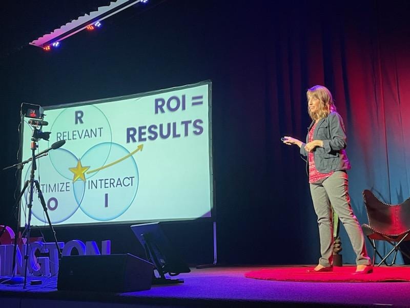 Teresa Huff at TEDx beside the ROI equals Results framework slide