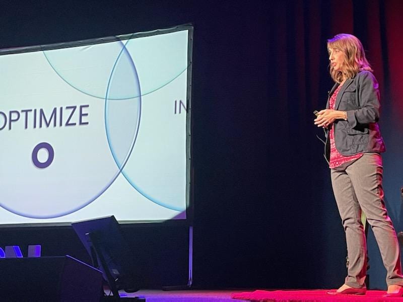 Teresa Huff on the TEDx stage presenting the Optimize step