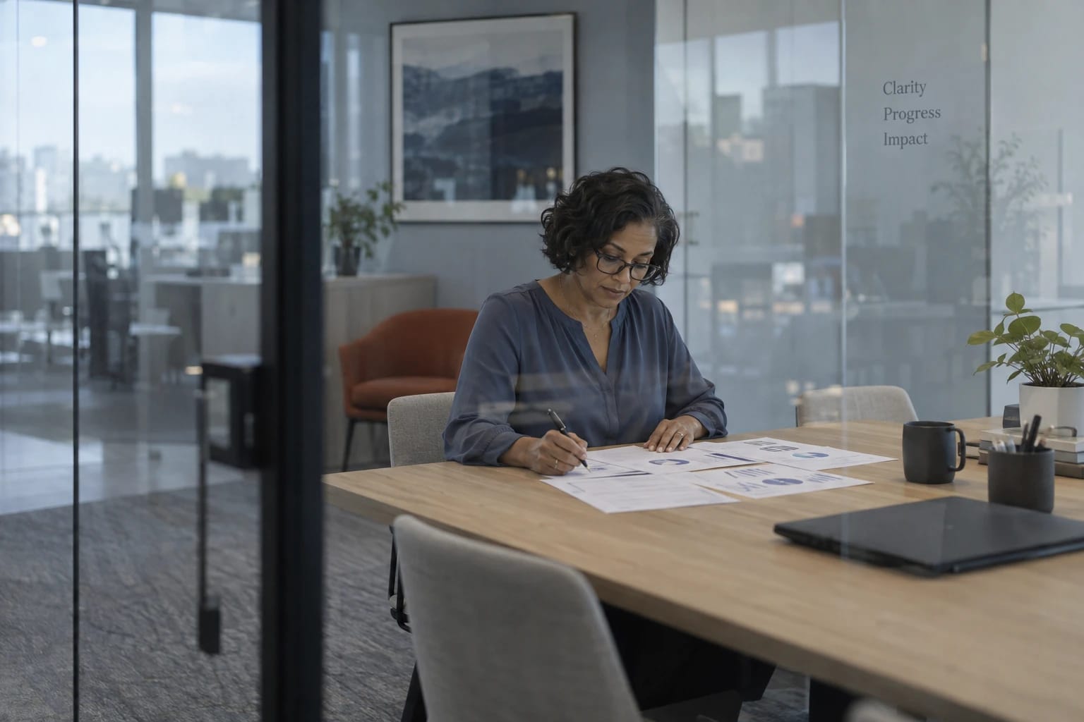 A nonprofit leader reviewing reports at a conference table